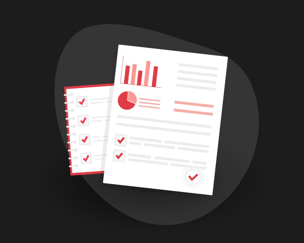 Illustration of a report with charts and a checklist on a dark background.