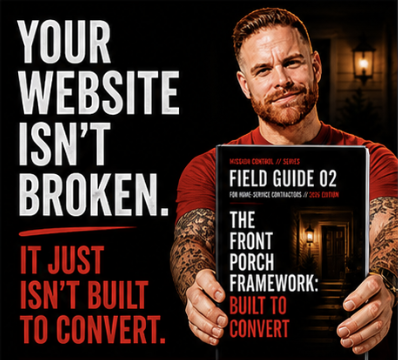 Man presenting a guide titled 'The Front Porch Framework: Built to Convert'.