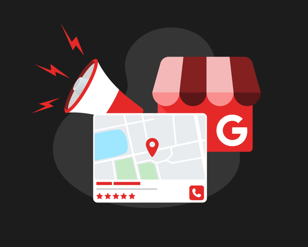 Illustration of local business marketing with map and storefront icon.