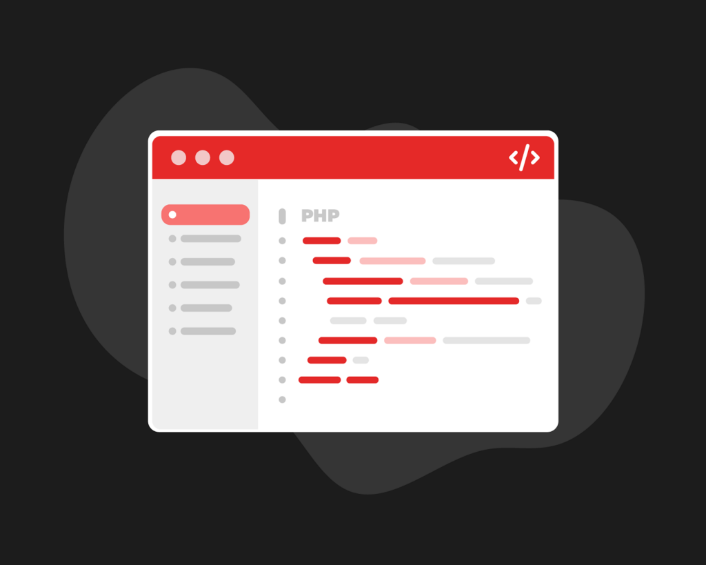 Illustration of PHP code editor interface with highlighted syntax.